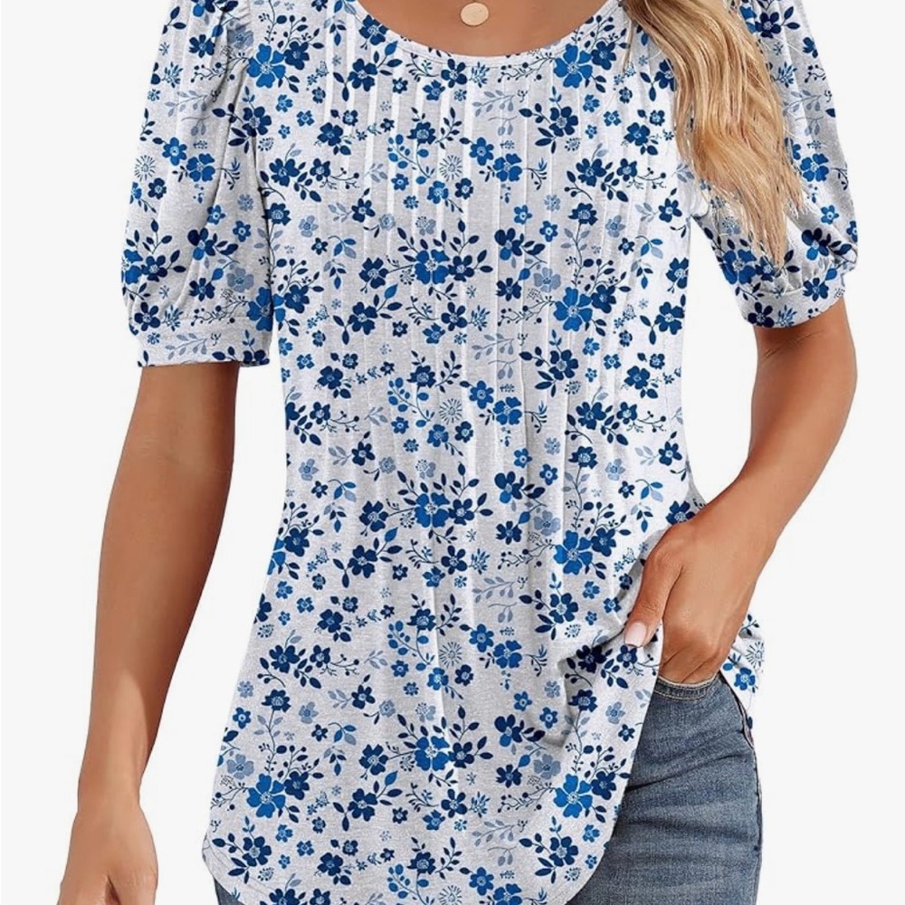 Women’s Floral Top Babydoll Puff Sleeve Pleated Shirt Cottagecore Feminine large